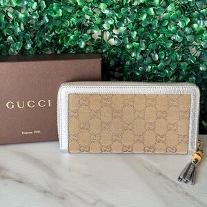 Gucci Bamboo Tassel Silver and Tan Shimmer Women's Zip Around Wallet